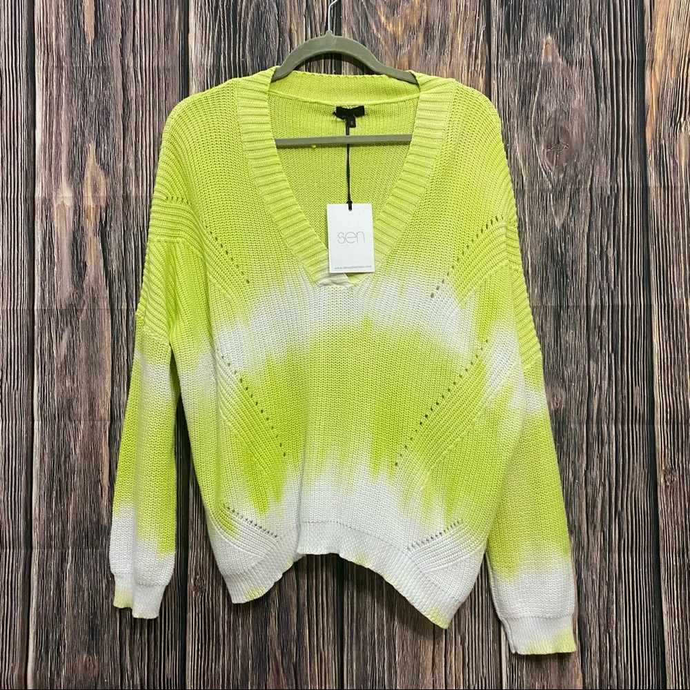 SEN | lime green tie dye v-neck knit sweater